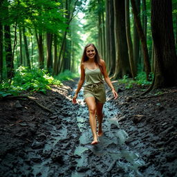 A young woman walking barefoot through a lush, muddy forest path