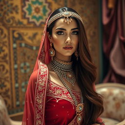 A beautiful Saudi Arabian woman, adorned in traditional jewelry, standing gracefully in a luxurious setting