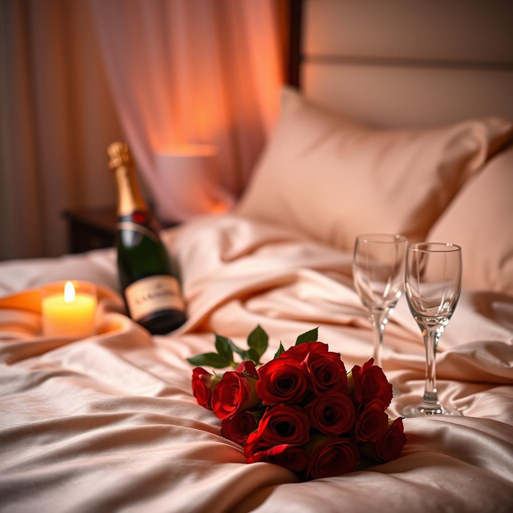 An intimate, romantic setting with soft candlelight casting a warm glow over a luxurious bed draped in silk sheets