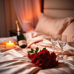 An intimate, romantic setting with soft candlelight casting a warm glow over a luxurious bed draped in silk sheets