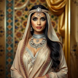 A beautiful Saudi Arabian woman, adorned in traditional jewelry, standing gracefully in a luxurious setting