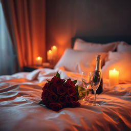 An intimate, romantic setting with soft candlelight casting a warm glow over a luxurious bed draped in silk sheets