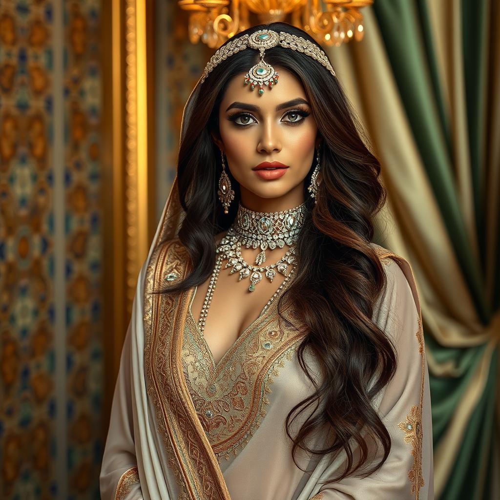 A beautiful Saudi Arabian woman, adorned in traditional jewelry, standing gracefully in a luxurious setting