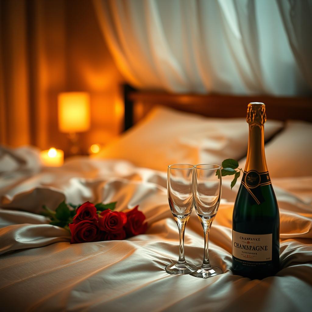 An intimate, romantic setting with soft candlelight casting a warm glow over a luxurious bed draped in silk sheets