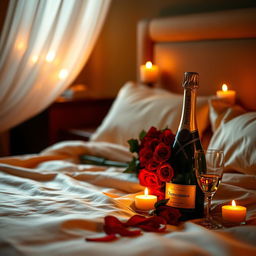 An intimate, romantic setting with soft candlelight casting a warm glow over a luxurious bed draped in silk sheets