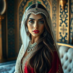 A beautiful Saudi Arabian woman, adorned in traditional jewelry, standing gracefully in a luxurious setting