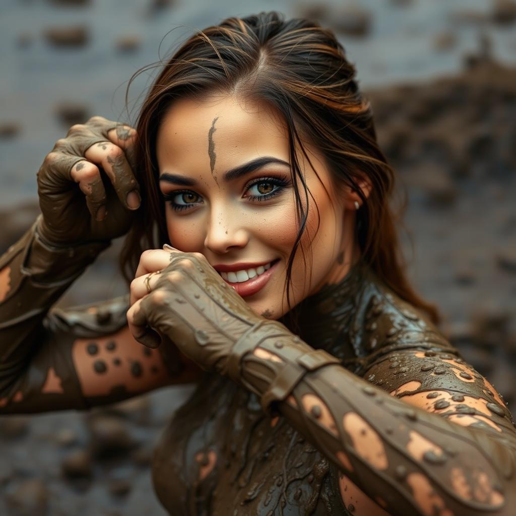 A glamorous pornstar actress playfully covered in mud, with a confident and alluring expression