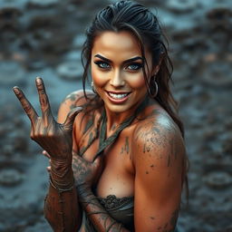 A glamorous pornstar actress playfully covered in mud, with a confident and alluring expression