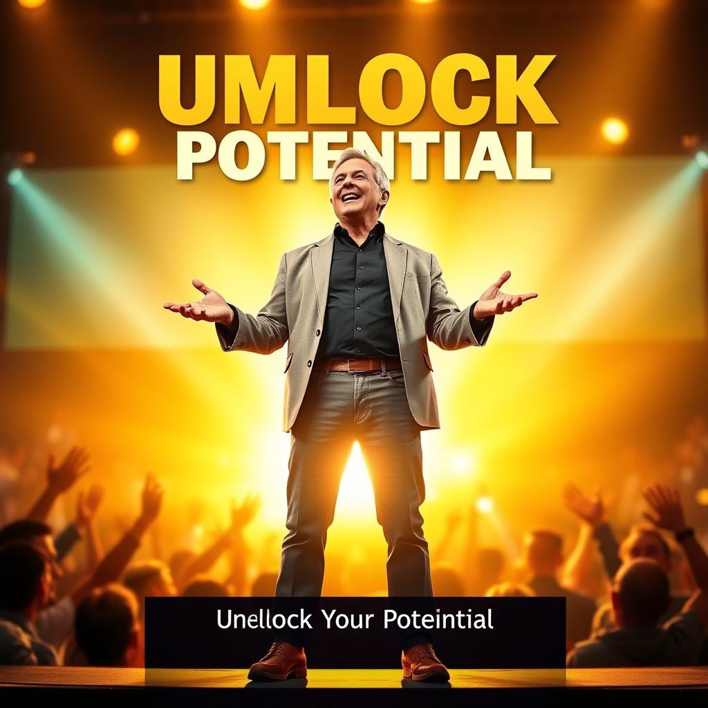 A vibrant and engaging book cover featuring a dynamic and confident motivational speaker standing on a stage, gesturing passionately