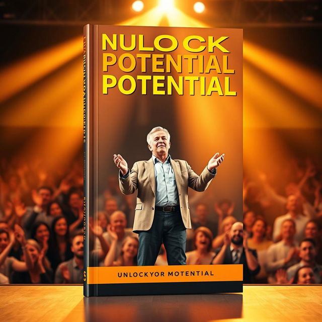 A vibrant and engaging book cover featuring a dynamic and confident motivational speaker standing on a stage, gesturing passionately