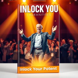 A vibrant and engaging book cover featuring a dynamic and confident motivational speaker standing on a stage, gesturing passionately