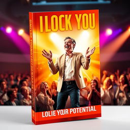 A vibrant and engaging book cover featuring a dynamic and confident motivational speaker standing on a stage, gesturing passionately