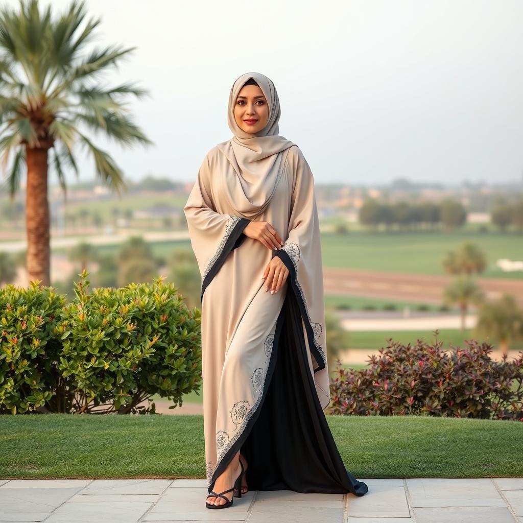 A charming and graceful Saudi woman wearing a neqib and abaya, gracefully posed to showcase her legs and feet in a tasteful and respectful manner