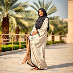 A charming and graceful Saudi woman wearing a neqib and abaya, gracefully posed to showcase her legs and feet in a tasteful and respectful manner