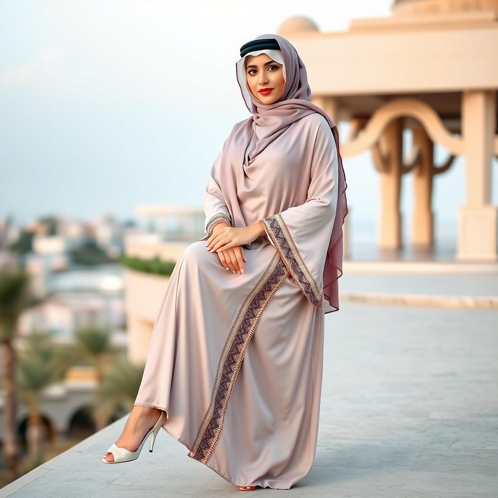 A charming and graceful Saudi woman wearing a neqib and abaya, gracefully posed to showcase her legs and feet in a tasteful and respectful manner