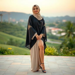 A charming and graceful Saudi woman wearing a neqib and abaya, gracefully posed to showcase her legs and feet in a tasteful and respectful manner