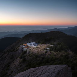 A majestic house perched on a rugged mountaintop under a delicate sunset.