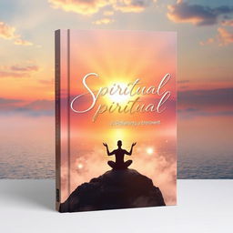 A captivating and inspirational spiritual book cover design that features an ethereal landscape with a vivid sunrise over a serene ocean