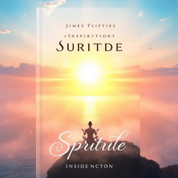 A captivating and inspirational spiritual book cover design that features an ethereal landscape with a vivid sunrise over a serene ocean