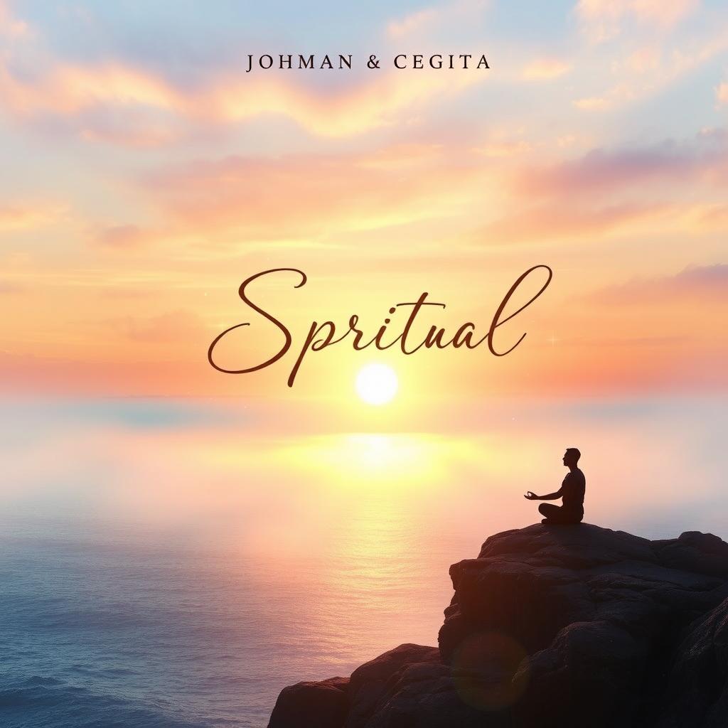 A captivating and inspirational spiritual book cover design that features an ethereal landscape with a vivid sunrise over a serene ocean