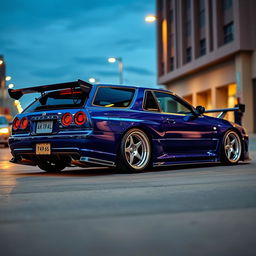 A customized Nissan Skyline R34 GTR wagon, blending the iconic sports car design with a wagon body style