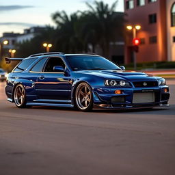 A customized Nissan Skyline R34 GTR wagon, blending the iconic sports car design with a wagon body style