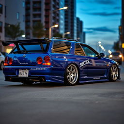 A customized Nissan Skyline R34 GTR wagon, blending the iconic sports car design with a wagon body style