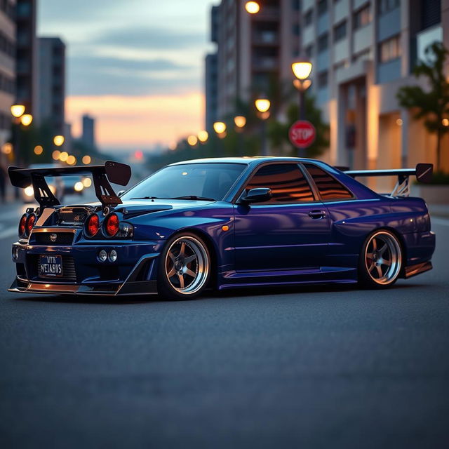 A customized Nissan Skyline R34 GTR wagon, blending the iconic sports car design with a wagon body style