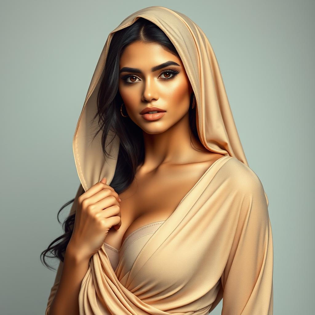 An alluring and graceful depiction of a stunning Saudi woman with hints of modern fashion