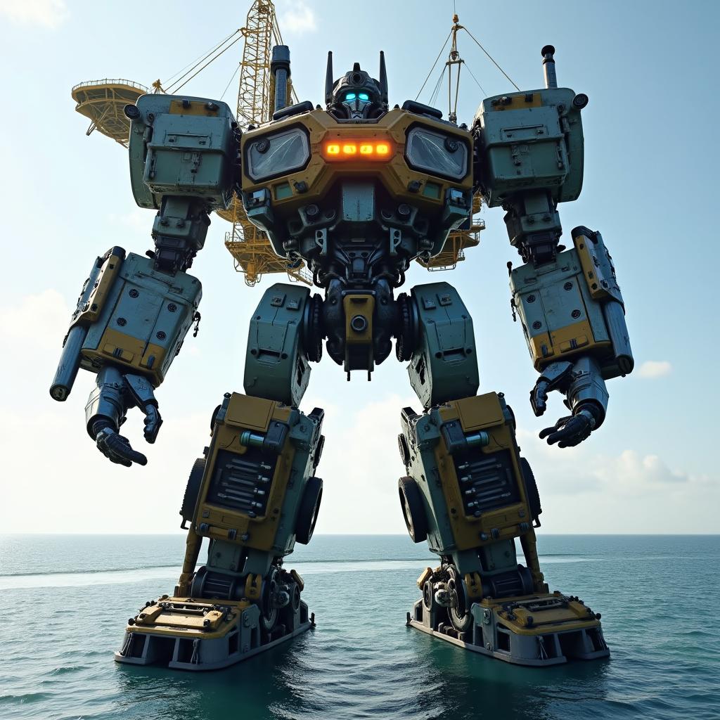 An industrial oil rig transforming into a colossal Transformer robot