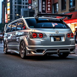 A unique Nissan Skyline R34 GTR converted into a minivan, showcasing the fusion of a high-performance sports car with a family vehicle design