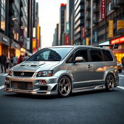 A unique Nissan Skyline R34 GTR converted into a minivan, showcasing the fusion of a high-performance sports car with a family vehicle design