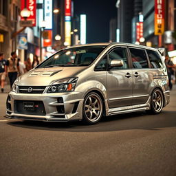 A unique Nissan Skyline R34 GTR converted into a minivan, showcasing the fusion of a high-performance sports car with a family vehicle design