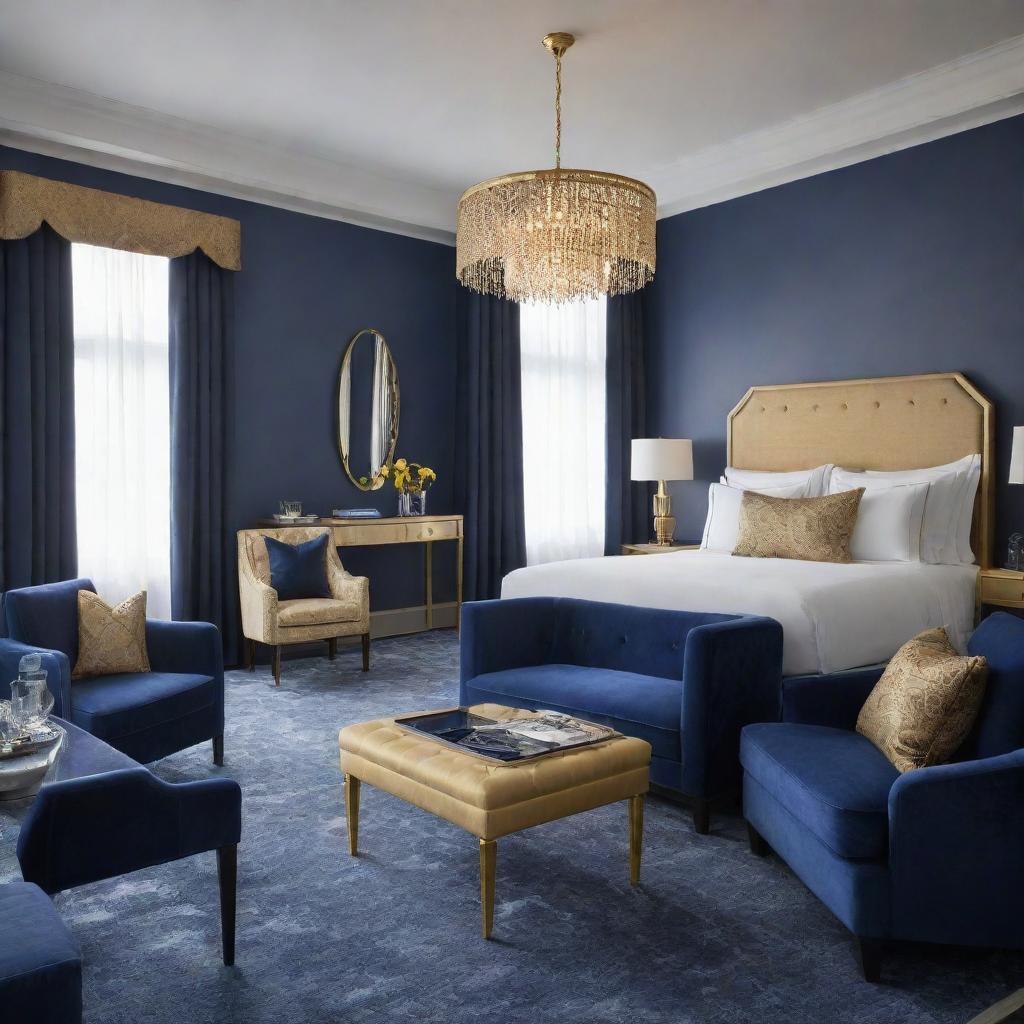 A junior suite room exuding luxury and sophistication with its navy blue and gold decor. Elements of elegance permeate the space, including upmarket furnishings, stylish fixtures, and exquisite detailing.