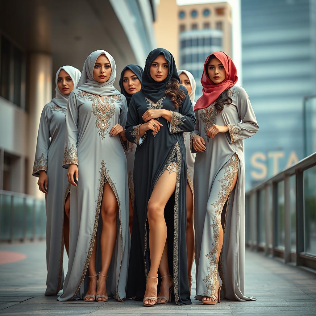 A captivating and sensual portrayal of a group of Saudi women wearing stylish abayas, elegantly showcasing their legs in a tasteful and alluring manner