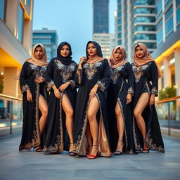 A captivating and sensual portrayal of a group of Saudi women wearing stylish abayas, elegantly showcasing their legs in a tasteful and alluring manner