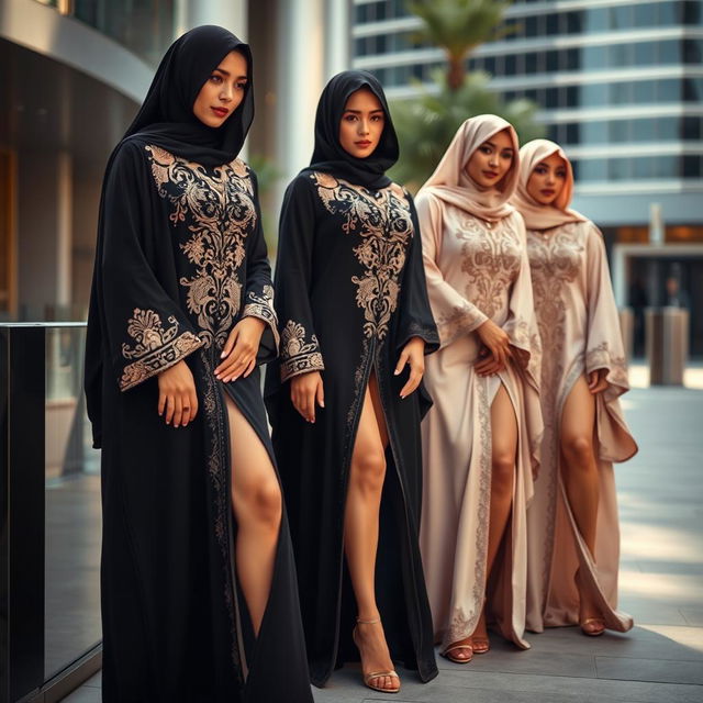 A captivating and sensual portrayal of a group of Saudi women wearing stylish abayas, elegantly showcasing their legs in a tasteful and alluring manner