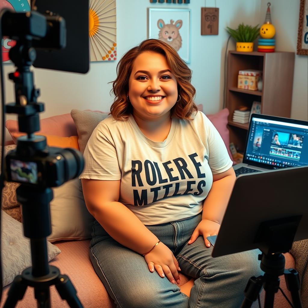 A chubby female Youtuber with a friendly smile, seated in a cozy room with soft lighting, surrounded by filming equipment like a professional microphone, camera on a tripod, and a laptop displaying editing software