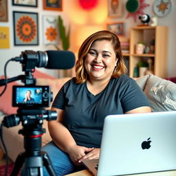 A chubby female Youtuber with a friendly smile, seated in a cozy room with soft lighting, surrounded by filming equipment like a professional microphone, camera on a tripod, and a laptop displaying editing software