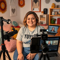 A chubby female Youtuber with a friendly smile, seated in a cozy room with soft lighting, surrounded by filming equipment like a professional microphone, camera on a tripod, and a laptop displaying editing software