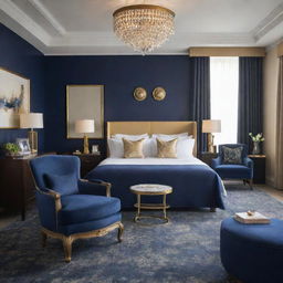 A junior suite room exuding luxury and sophistication with its navy blue and gold decor. Elements of elegance permeate the space, including upmarket furnishings, stylish fixtures, and exquisite detailing.