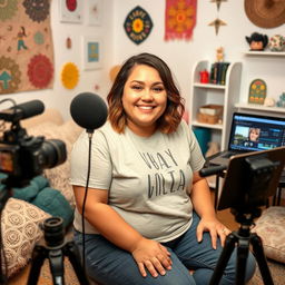 A chubby female Youtuber with a friendly smile, seated in a cozy room with soft lighting, surrounded by filming equipment like a professional microphone, camera on a tripod, and a laptop displaying editing software