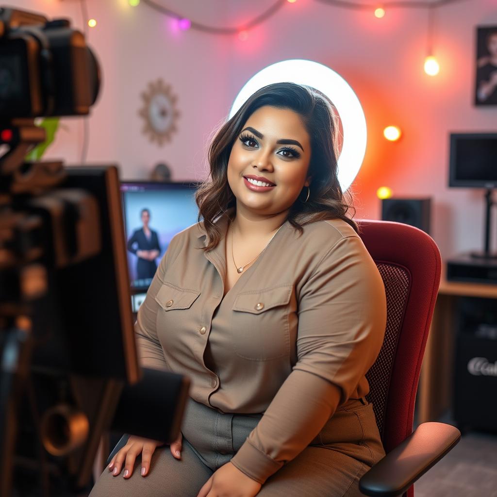 A confident and attractive chubby female YouTuber with a stylish outfit and engaging expression, sitting in front of a computer setup with a ring light and camera