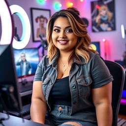 A confident and attractive chubby female YouTuber with a stylish outfit and engaging expression, sitting in front of a computer setup with a ring light and camera