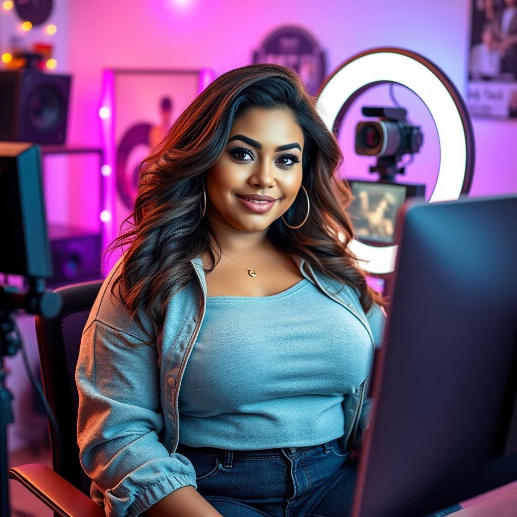 A confident and attractive chubby female YouTuber with a stylish outfit and engaging expression, sitting in front of a computer setup with a ring light and camera