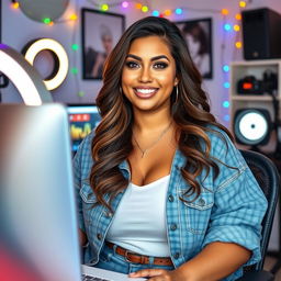 A confident and attractive chubby female YouTuber with a stylish outfit and engaging expression, sitting in front of a computer setup with a ring light and camera