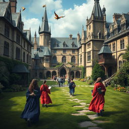 A magical school setting reminiscent of a fantasy film, with sprawling ancient buildings, lush green lawns, and students in vibrant robes carrying spellbooks