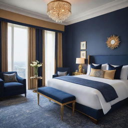 A junior suite room exuding luxury and sophistication with its navy blue and gold decor. Elements of elegance permeate the space, including upmarket furnishings, stylish fixtures, and exquisite detailing.