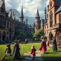 A magical school setting reminiscent of a fantasy film, with sprawling ancient buildings, lush green lawns, and students in vibrant robes carrying spellbooks