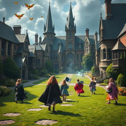 A magical school setting reminiscent of a fantasy film, with sprawling ancient buildings, lush green lawns, and students in vibrant robes carrying spellbooks